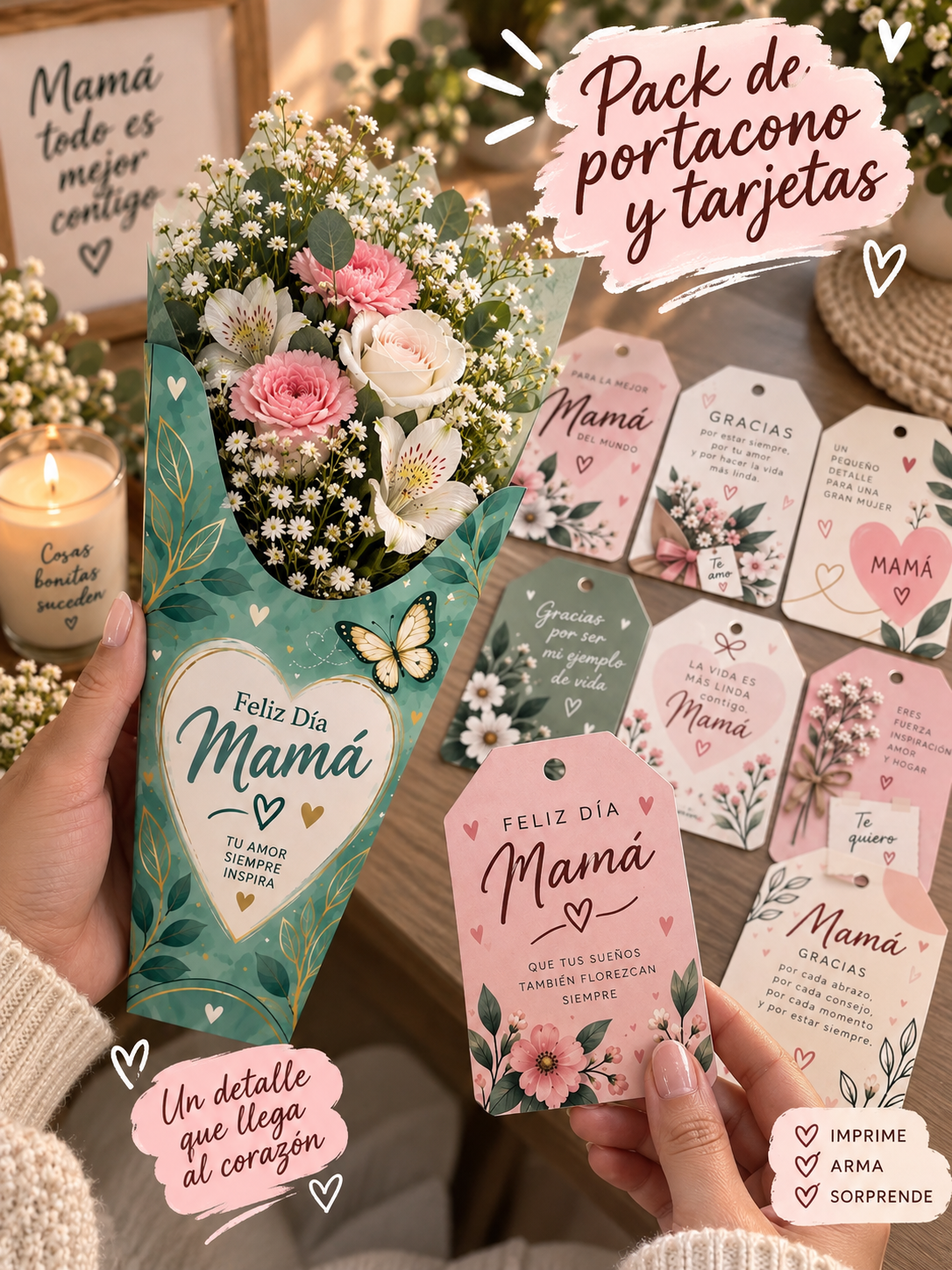 Pack 1 - Día de la Madre · 60 Conos + 40 Tarjetas Imprimibles
